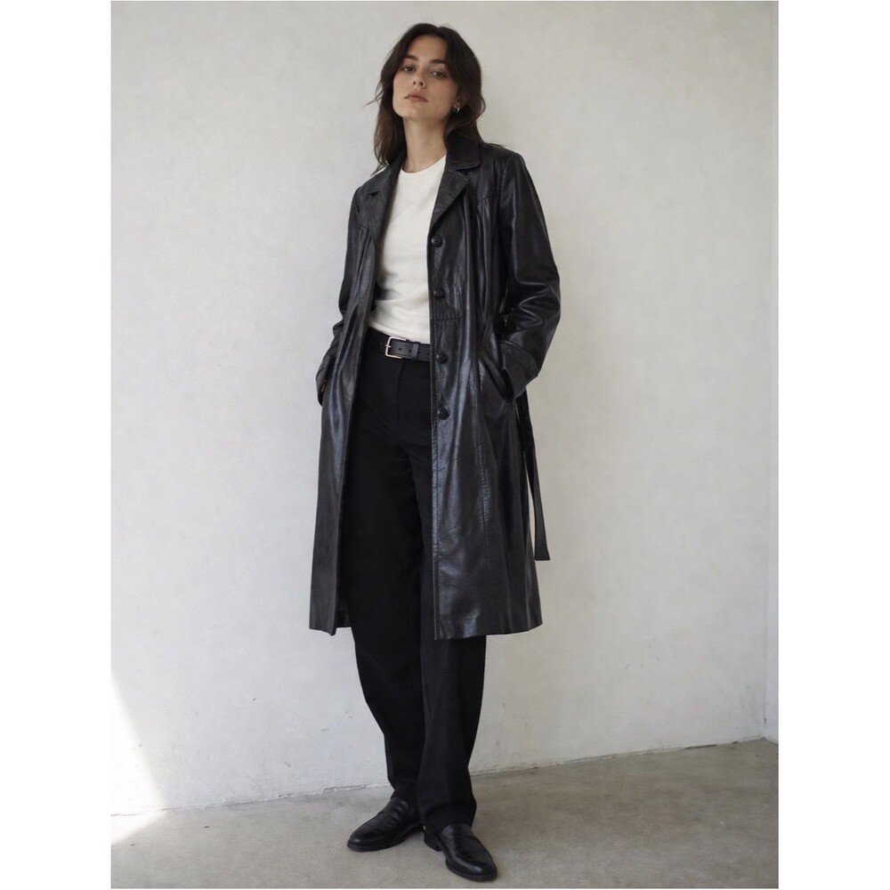 Wilsons Leather Black Trench Coat Button Jacket Vintage 90s Matrix Sz. 10 Belted